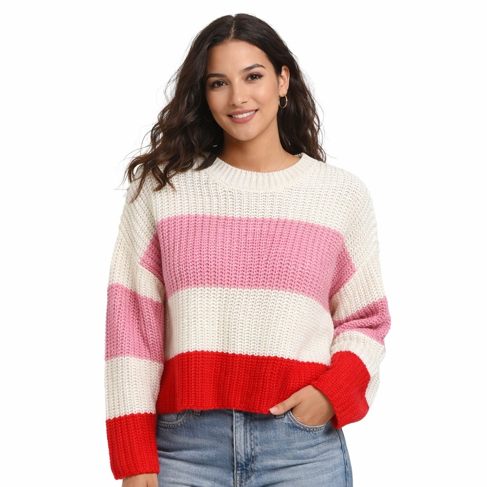 JESSICA SIMPSON Striped Chunky Knit Crop Sweater Size Medium Boxy Casual NEW
